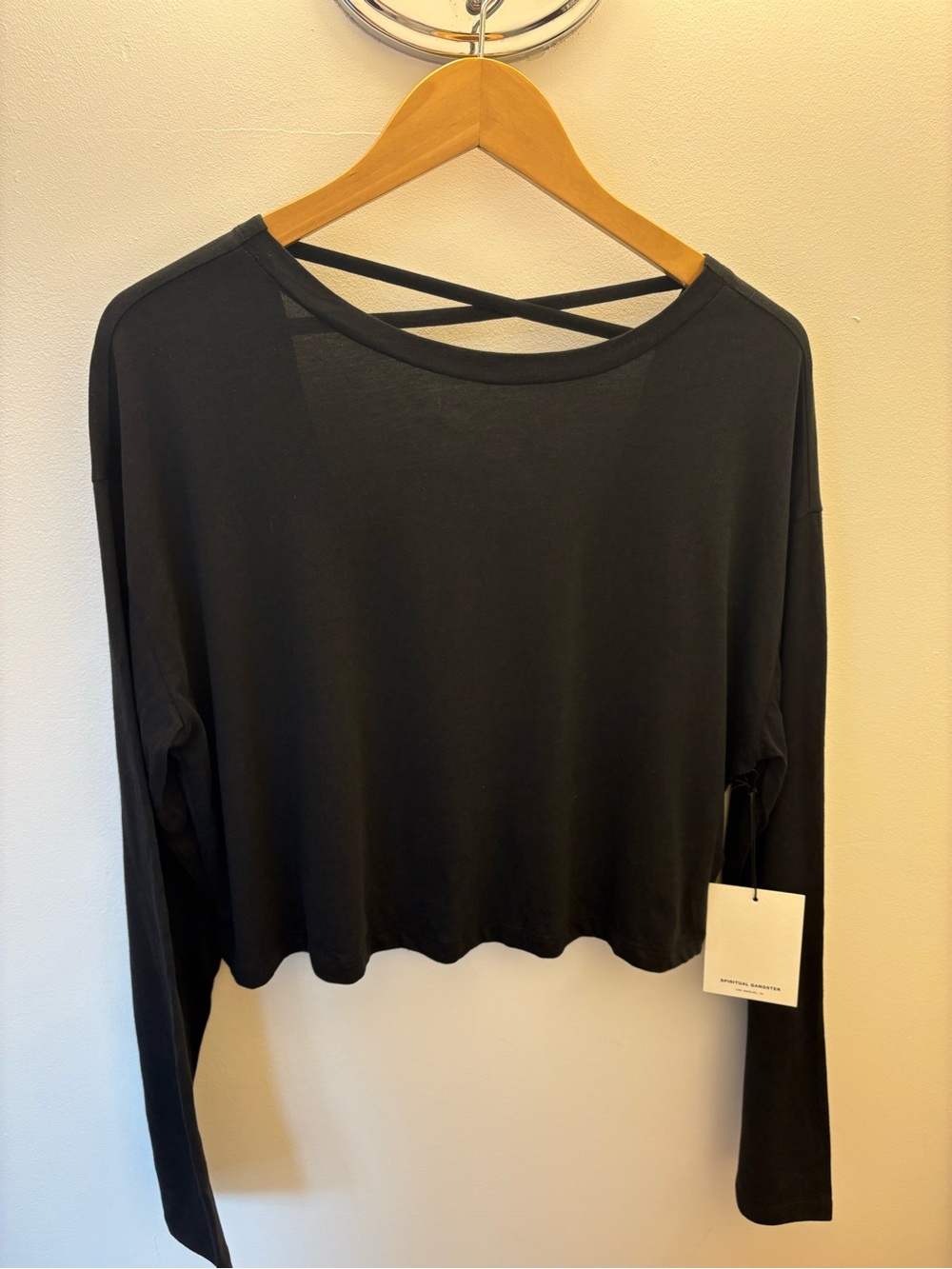Spiritual Gangster Black Long-Sleeve Cropped Top with Crisscross Back Straps